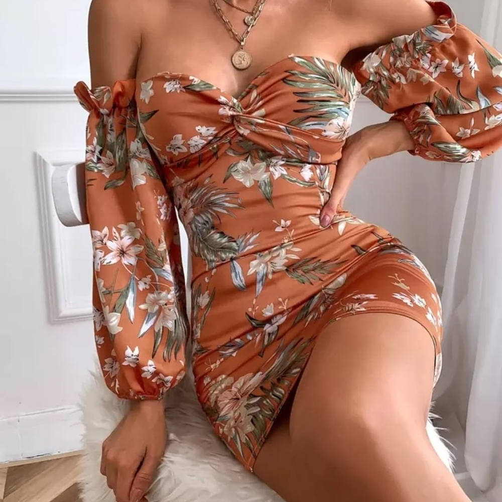 Floral Off-Shoulder Dress in Orange